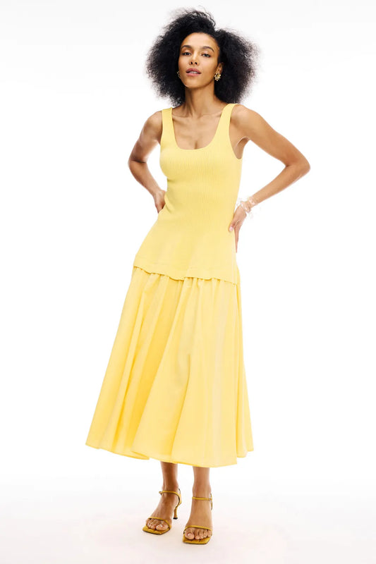 Women's bright yellow midi dress featuring a fitted ribbed scoop-neck bodice and a smooth, gathered drop-waist skirt.