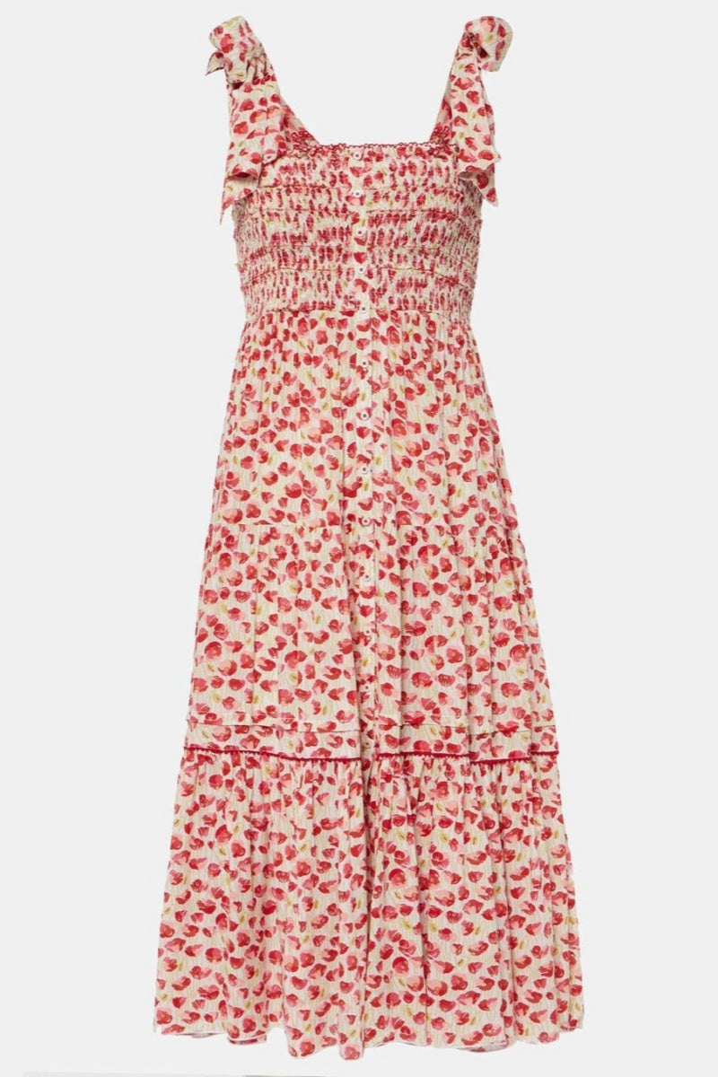 Red - Women's midi dress featuring a red floral print, smocked bodice, tie-shoulder straps, and a tiered skirt with button details.