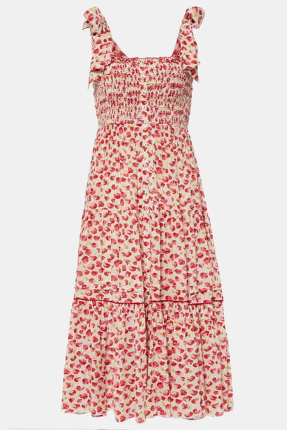 Red - Women's midi dress featuring a red floral print, smocked bodice, tie-shoulder straps, and a tiered skirt with button details.
