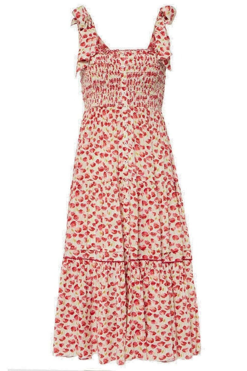 Red - Women's midi dress featuring a red floral print, smocked bodice, tie-shoulder straps, and a tiered skirt with button details.