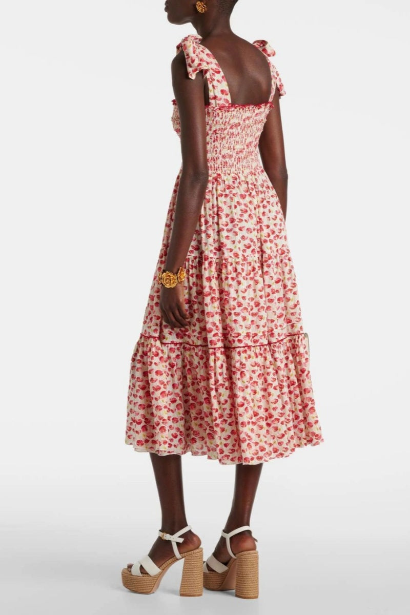 Red - Women's midi dress featuring a red floral print, smocked bodice, tie-shoulder straps, and a tiered skirt with button details.