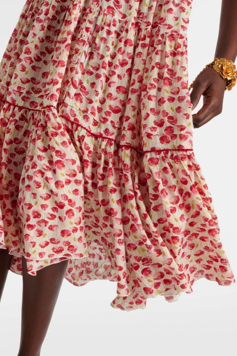 Red - Women's midi dress featuring a red floral print, smocked bodice, tie-shoulder straps, and a tiered skirt with button details.