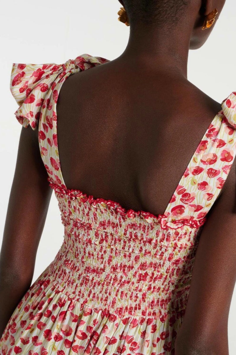 Red - Women's midi dress featuring a red floral print, smocked bodice, tie-shoulder straps, and a tiered skirt with button details.