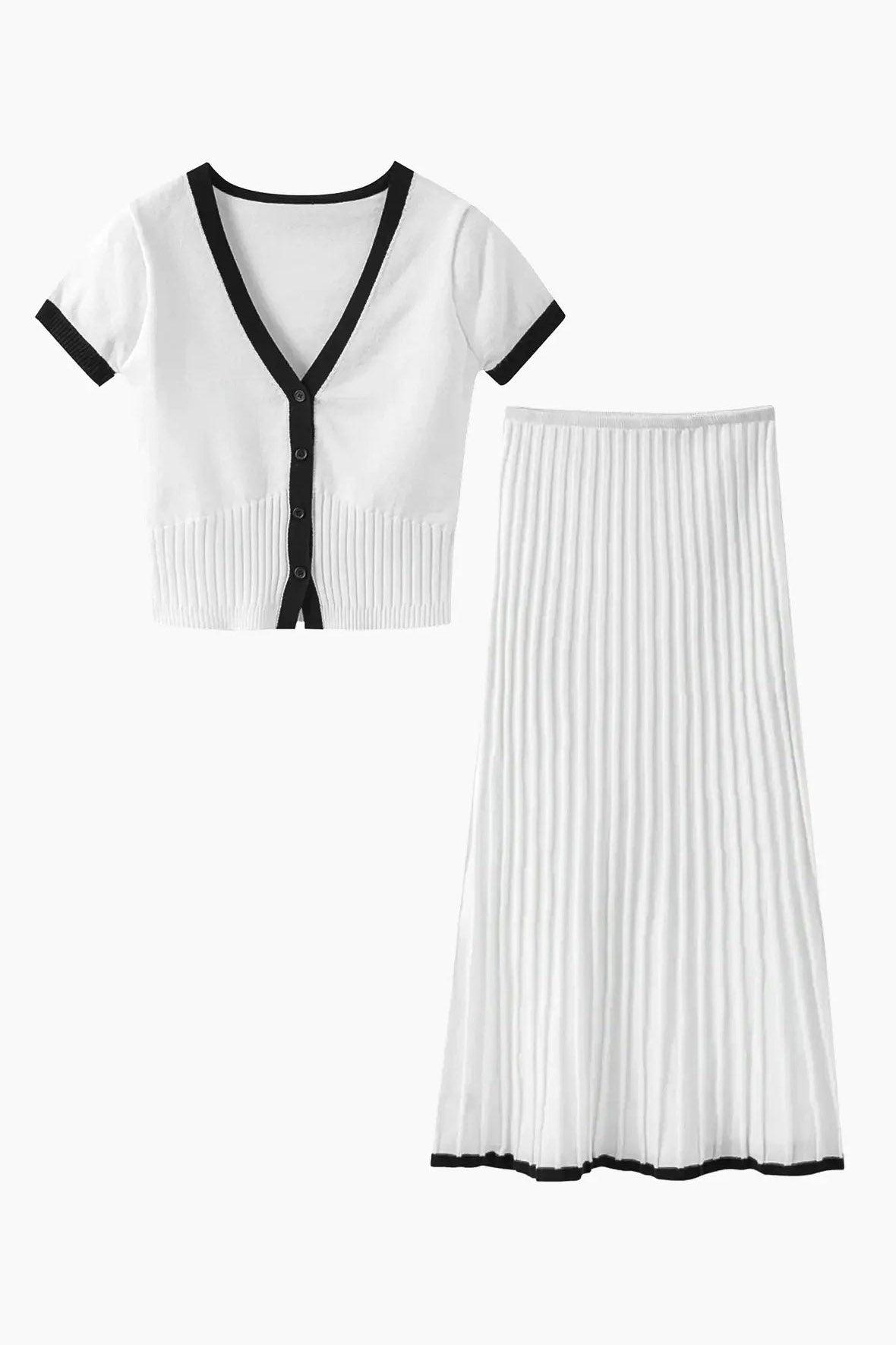 White - Woman wearing a white ribbed knit two-piece set featuring a short-sleeve V-neck crop top and a pleated midi skirt, both finished with black contrast trim.