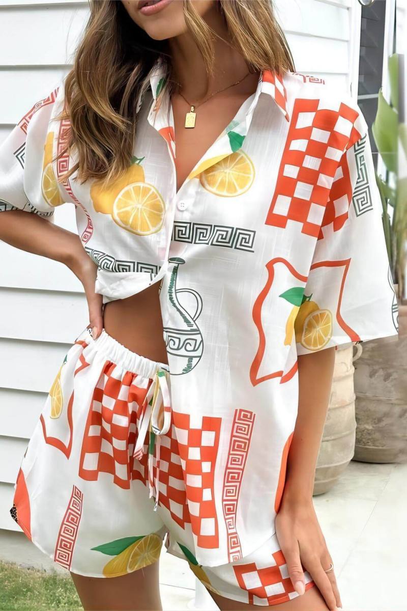Orange - Women's light-coloured mini dress featuring a blue line-art print of suns and vases, styled with a V-neck collar, button front, wide half sleeves, and a voluminous tiered smock silhouette.