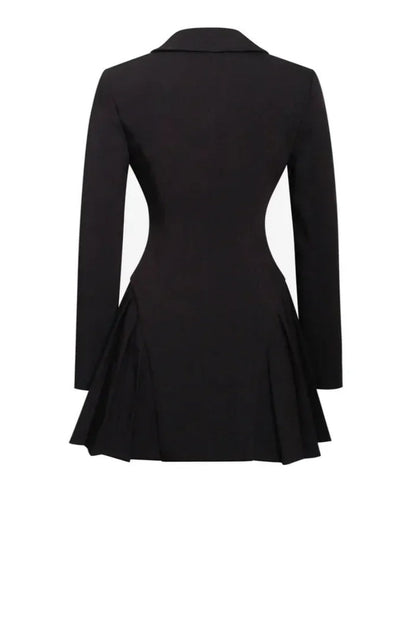 Black - A woman wearing a tailored black long-sleeved mini blazer dress with a deep V-neck, silver statement buttons, and a pleated skirt hem.