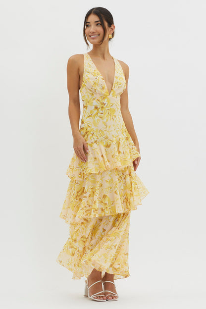 XXL - Women's elegant sleeveless maxi dress featuring a deep plunge neckline, dramatic tiered ruffle skirt, and a bold pink and red large-scale floral print.