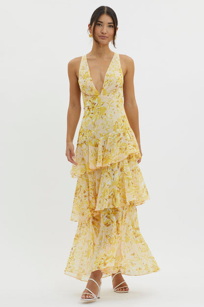 XXL - Women's elegant sleeveless maxi dress featuring a deep plunge neckline, dramatic tiered ruffle skirt, and a bold pink and red large-scale floral print.