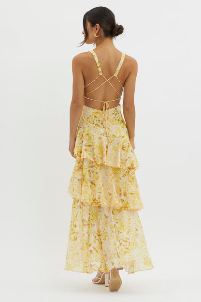 XXL - Women's elegant sleeveless maxi dress featuring a deep plunge neckline, dramatic tiered ruffle skirt, and a bold pink and red large-scale floral print.