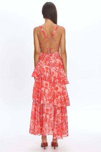 XXL - Women's elegant sleeveless maxi dress featuring a deep plunge neckline, dramatic tiered ruffle skirt, and a bold pink and red large-scale floral print.