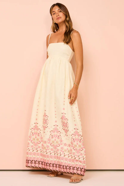 Women's Square Neck A-Line Maxi Dress with a Geometric Border Print