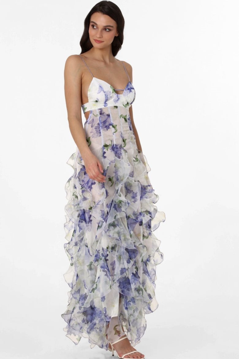 Blue - Women's white maxi dress featuring a purple watercolour floral print, delicate straps, waist cut-outs, and a semi-sheer skirt with cascading ruffles.