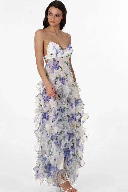 Blue - Women's white maxi dress featuring a purple watercolour floral print, delicate straps, waist cut-outs, and a semi-sheer skirt with cascading ruffles.