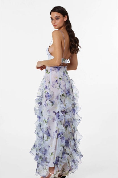 Blue - Women's white maxi dress featuring a purple watercolour floral print, delicate straps, waist cut-outs, and a semi-sheer skirt with cascading ruffles.