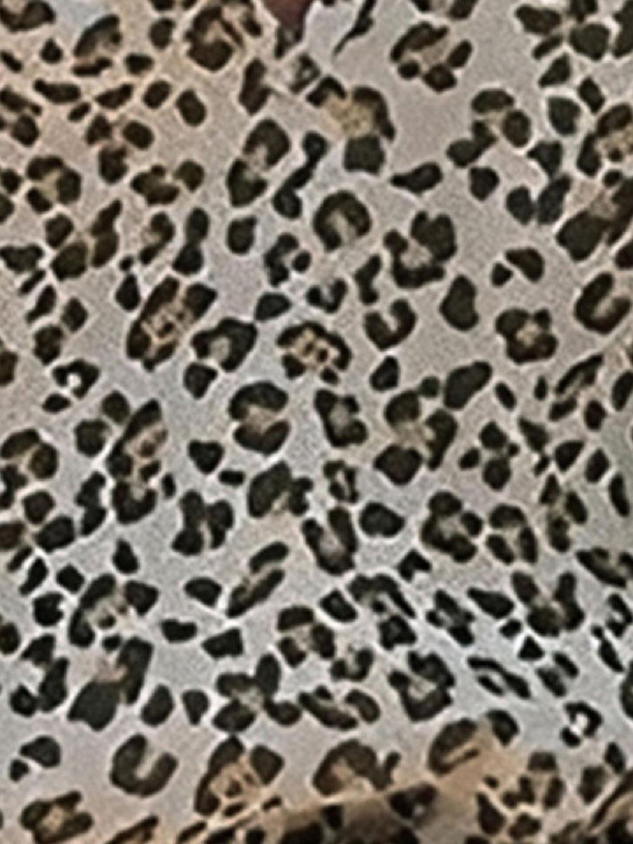Leopard - Woman wearing a woven animal-print mini dress with long sleeves, a V-neckline with ties, a smocked waist, and a tiered ruffle skirt.