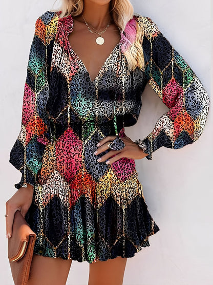 Black - Woman wearing a woven animal-print mini dress with long sleeves, a V-neckline with ties, a smocked waist, and a tiered ruffle skirt.