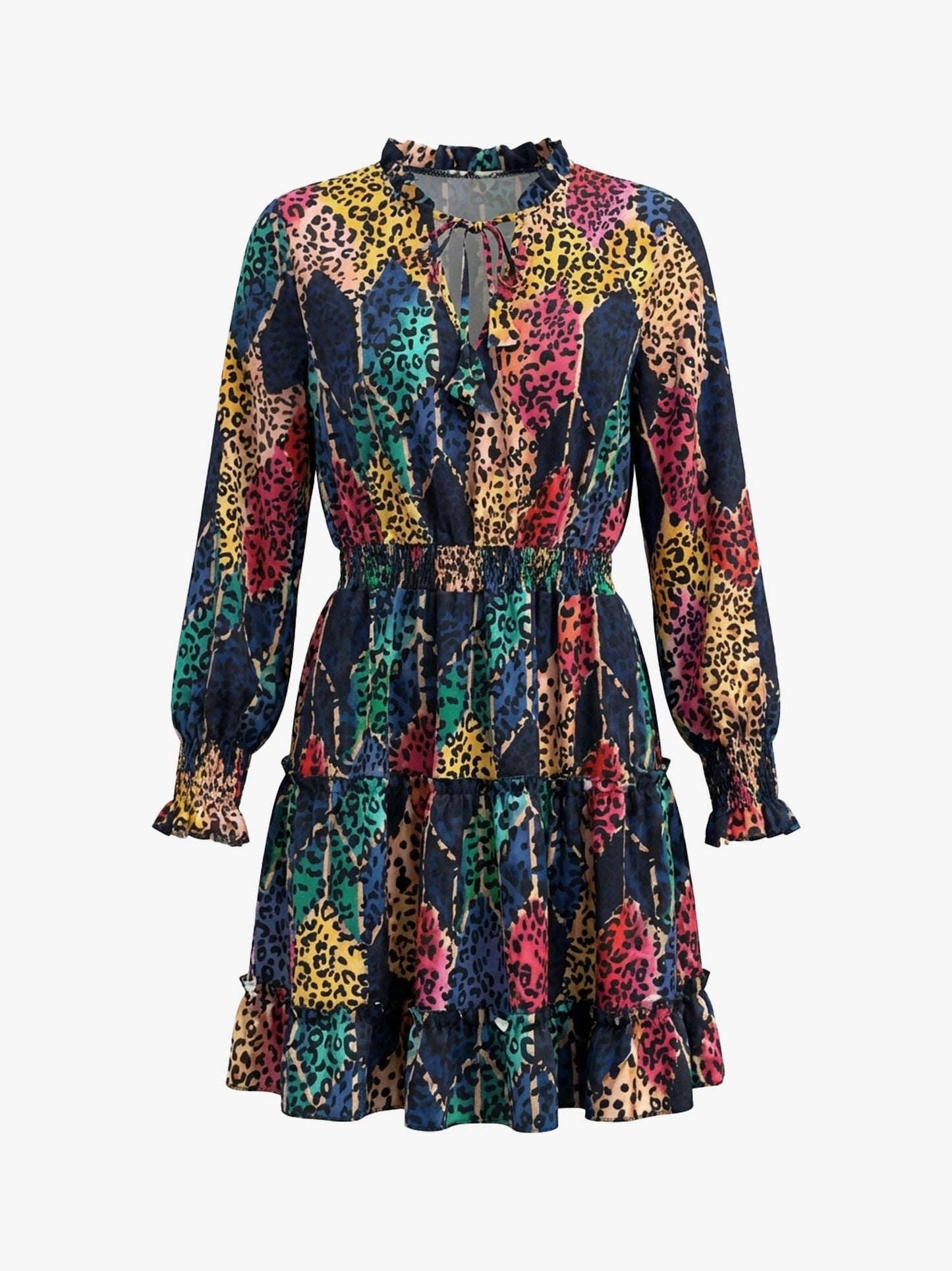 Black - Woman wearing a woven animal-print mini dress with long sleeves, a V-neckline with ties, a smocked waist, and a tiered ruffle skirt.