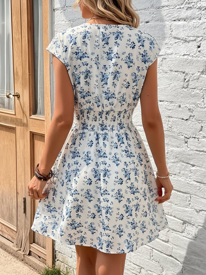 Blue - Woman modelling a lightweight animal-print v-neck mini dress with cap sleeves and a shirred waist, holding a woven bag against a white brick wall.