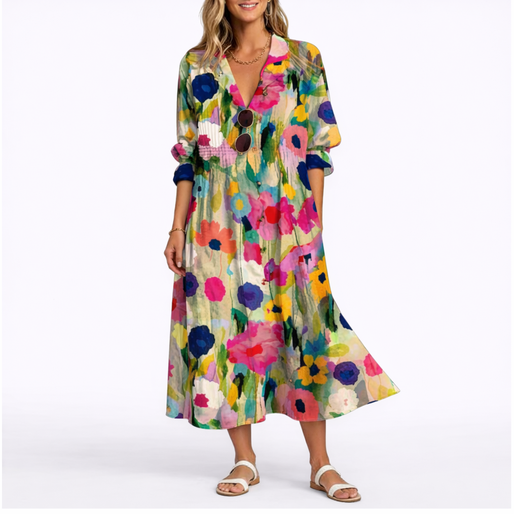 Floral - Woman wearing a relaxed botanical print midi shirt dress with a collar, front buttons, and 3/4 sleeves.