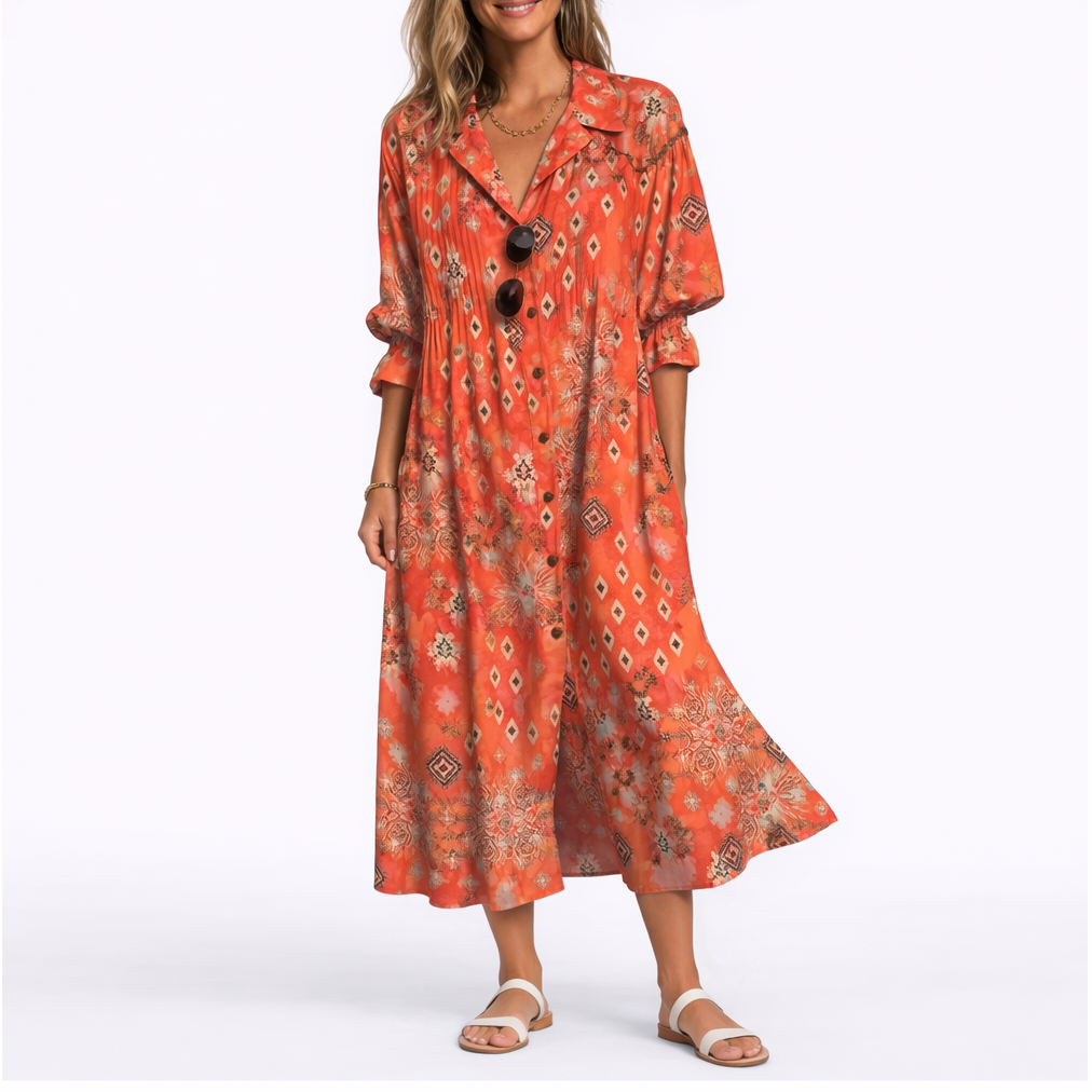 Red - Woman wearing a relaxed botanical print midi shirt dress with a collar, front buttons, and 3/4 sleeves.