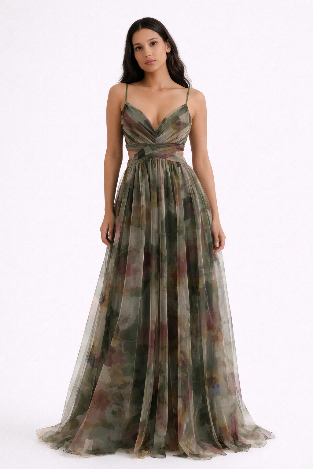 Green - A woman wearing a flowing, floor-length floral maxi dress with a ruched V-neck bodice and delicate straps.