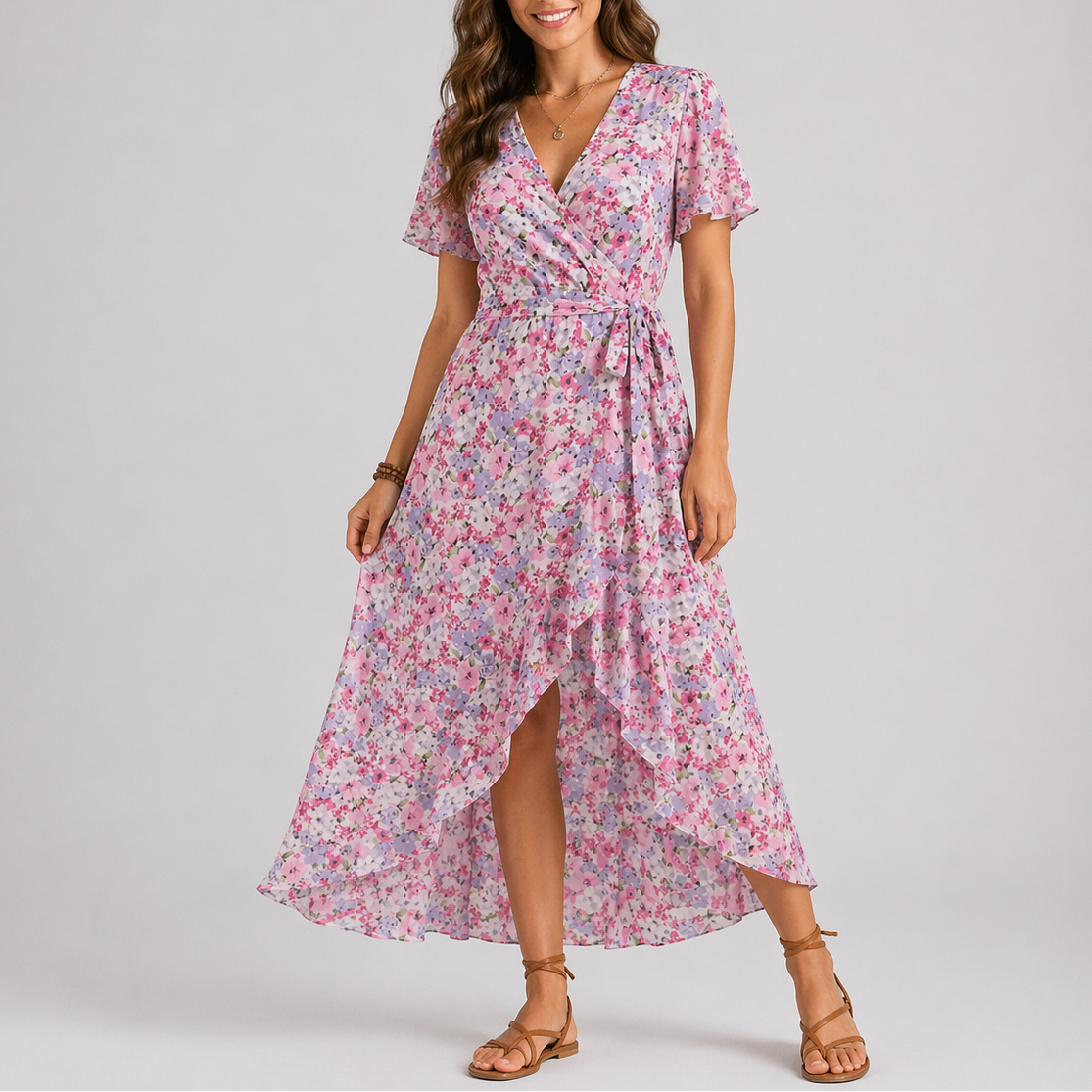 rose - Woman wearing a floral print chiffon wrap maxi dress with short sleeves and a ruffled high-low hemline against a light grey background