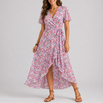 rose - Woman wearing a floral print chiffon wrap maxi dress with short sleeves and a ruffled high-low hemline against a light grey background