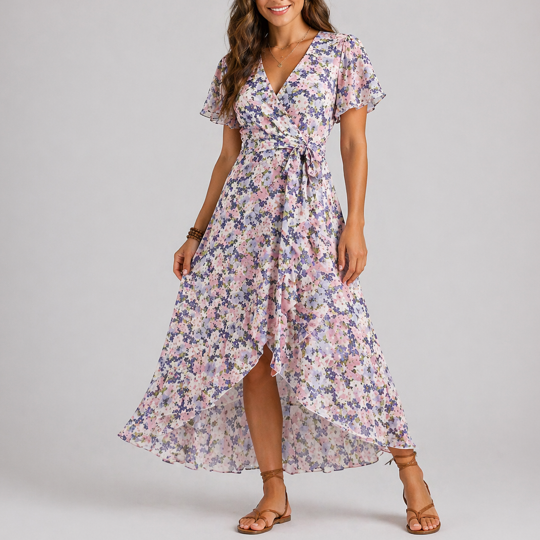 White - Woman wearing a floral print chiffon wrap maxi dress with short sleeves and a ruffled high-low hemline against a light grey background