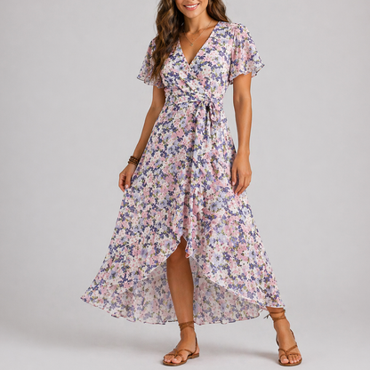 White - Woman wearing a floral print chiffon wrap maxi dress with short sleeves and a ruffled high-low hemline against a light grey background