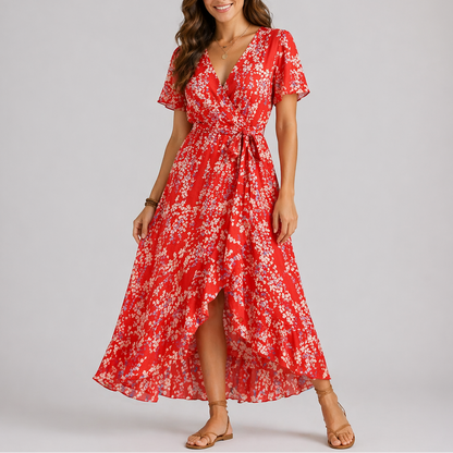 Red Carpet - Woman wearing a floral print chiffon wrap maxi dress with short sleeves and a ruffled high-low hemline against a light grey background