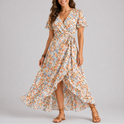 Yellow - Woman wearing a floral print chiffon wrap maxi dress with short sleeves and a ruffled high-low hemline against a light grey background