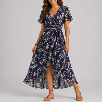 Navy - Woman wearing a floral print chiffon wrap maxi dress with short sleeves and a ruffled high-low hemline against a light grey background