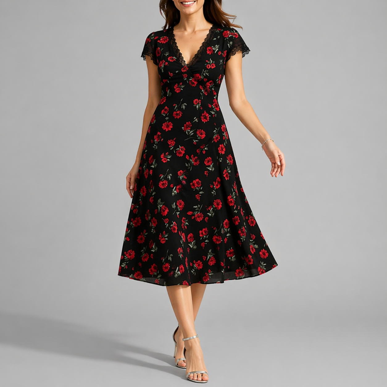 Floral Black - Woman wearing a floral print short-sleeve midi dress with lace trim neckline and A-line silhouette.