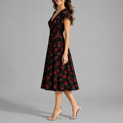 Floral Black - Woman wearing a floral print short-sleeve midi dress with lace trim neckline and A-line silhouette.