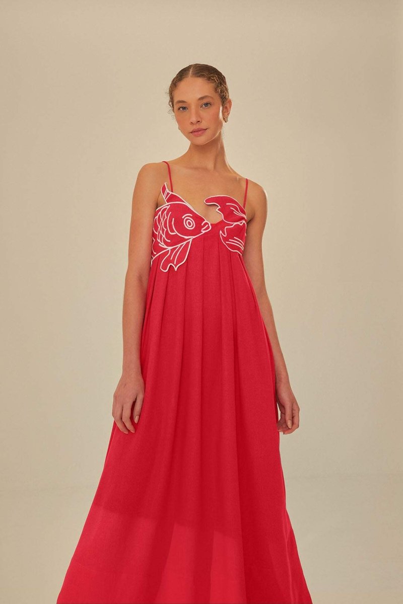 Red - Women's bright red flowing maxi dress featuring delicate spaghetti straps and a unique white embroidered fish design across the bodice.