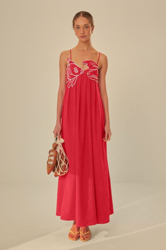 Red - Women's bright red flowing maxi dress featuring delicate spaghetti straps and a unique white embroidered fish design across the bodice.