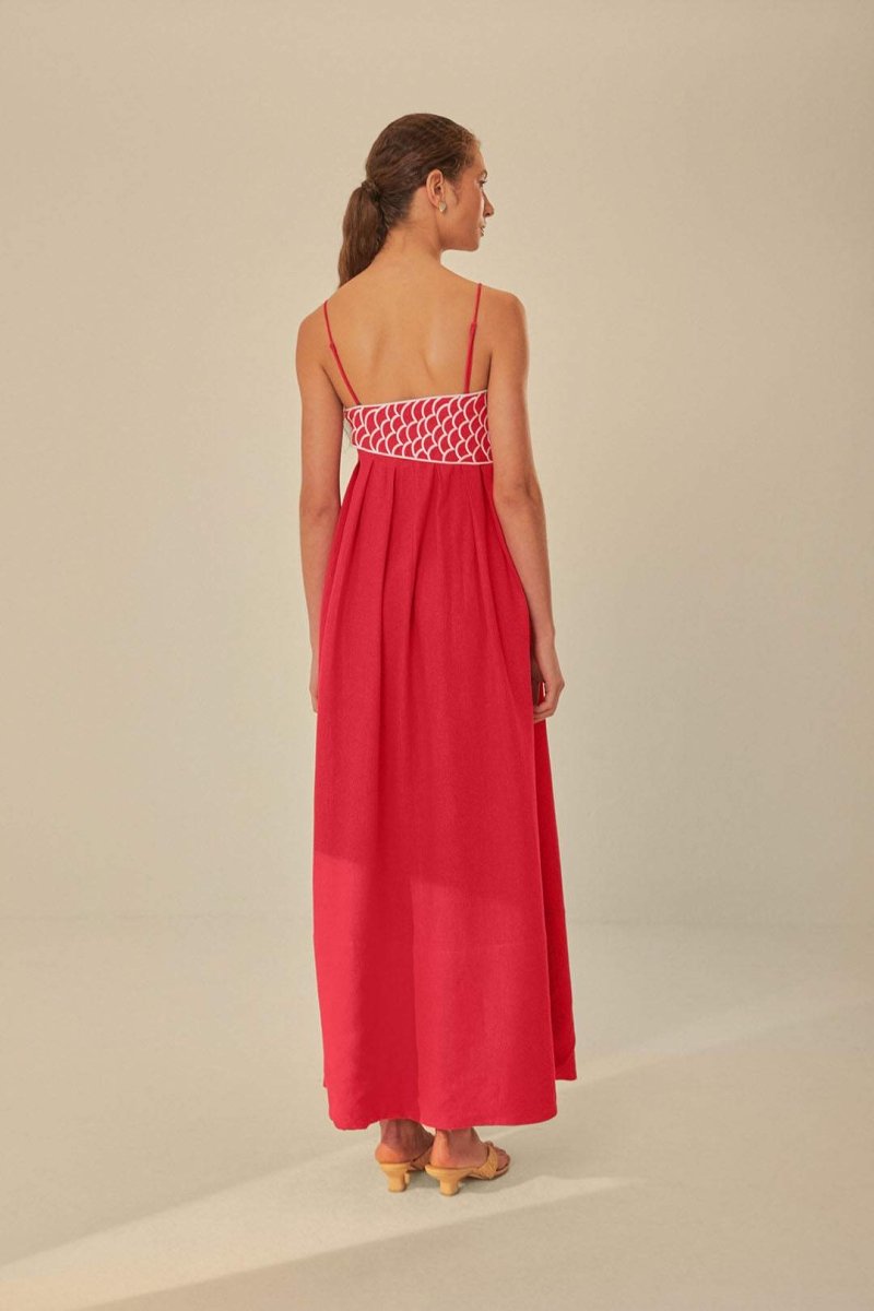 Red - Women's bright red flowing maxi dress featuring delicate spaghetti straps and a unique white embroidered fish design across the bodice.