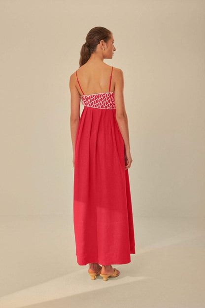 Red - Women's bright red flowing maxi dress featuring delicate spaghetti straps and a unique white embroidered fish design across the bodice.