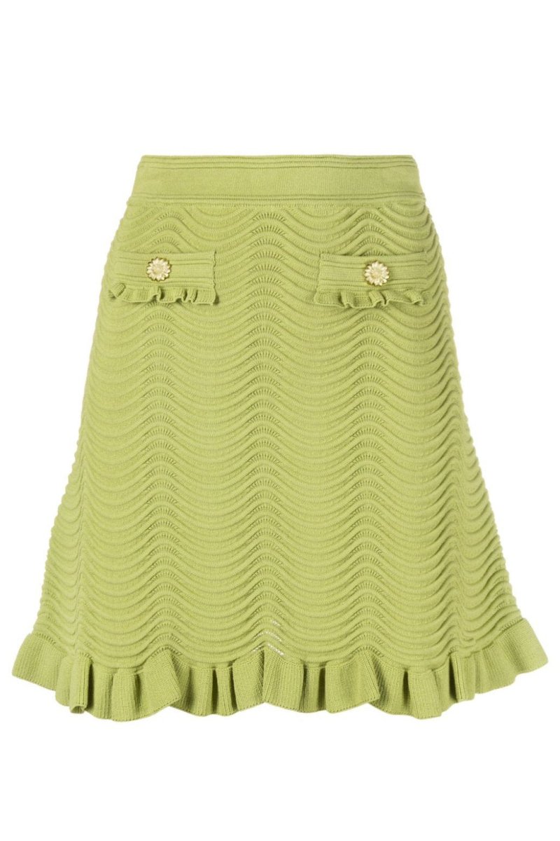Green - Women's matching two-piece set featuring a sleeveless, collared crop top with gold buttons and a high-waisted mini skirt, both designed in a wavy textured knit with ruffle trims.