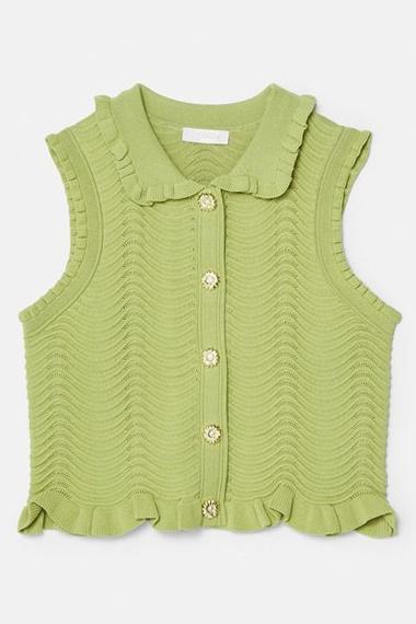 Green - Women's matching two-piece set featuring a sleeveless, collared crop top with gold buttons and a high-waisted mini skirt, both designed in a wavy textured knit with ruffle trims.