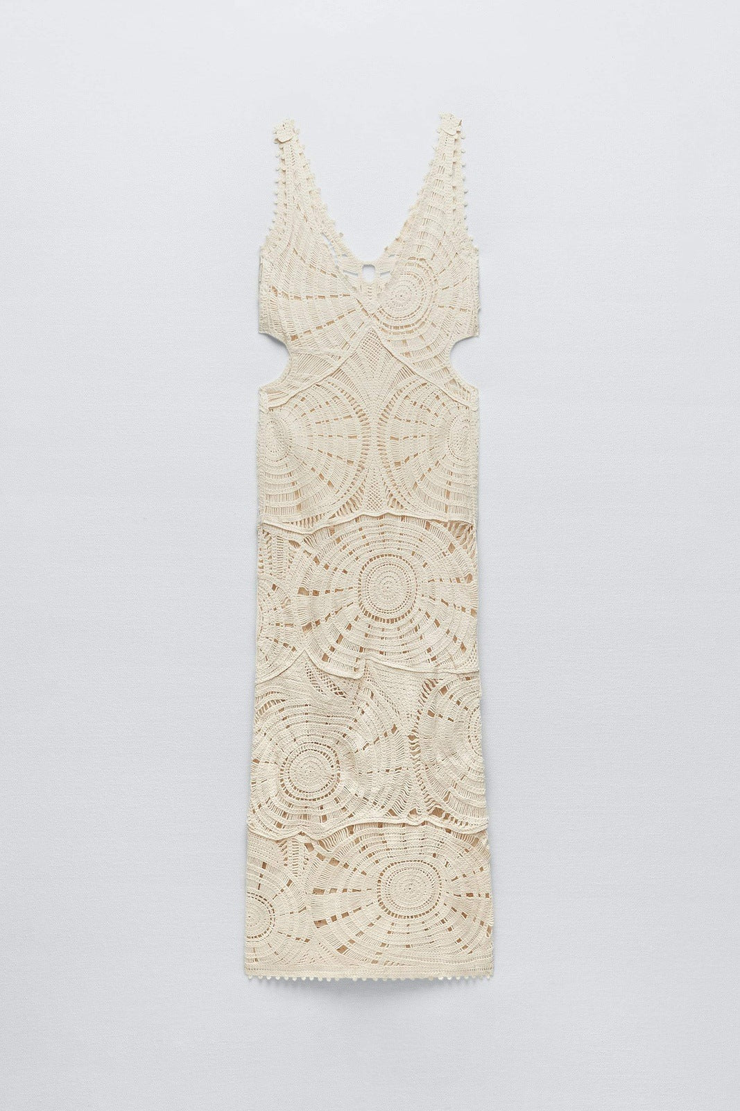 Beige - Women's cream-coloured, sleeveless maxi dress featuring an intricate circular crochet pattern, plunging V-neckline, and side cut-outs.