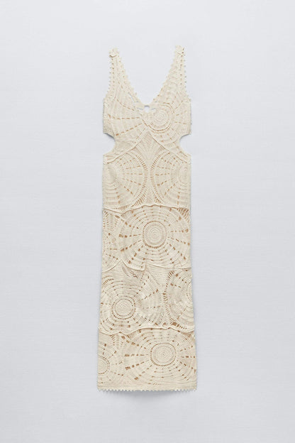 Beige - Women's cream-coloured, sleeveless maxi dress featuring an intricate circular crochet pattern, plunging V-neckline, and side cut-outs.