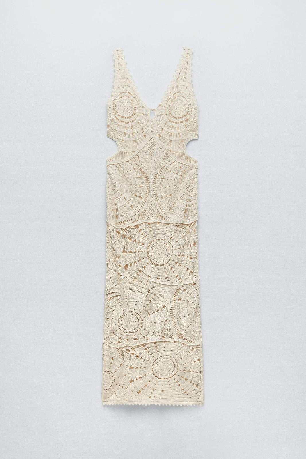 Beige - Women's cream-coloured, sleeveless maxi dress featuring an intricate circular crochet pattern, plunging V-neckline, and side cut-outs.