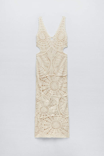 Beige - Women's cream-coloured, sleeveless maxi dress featuring an intricate circular crochet pattern, plunging V-neckline, and side cut-outs.