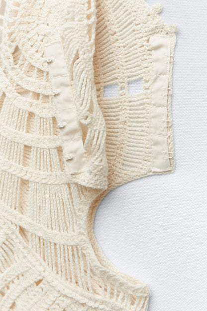 Beige - Women's cream-coloured, sleeveless maxi dress featuring an intricate circular crochet pattern, plunging V-neckline, and side cut-outs.