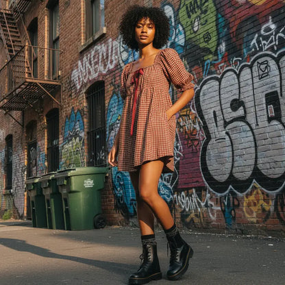 Black - Women's mini-length smock dress in a gingham print, featuring a square neckline with a ribbon tie and short puff sleeves.