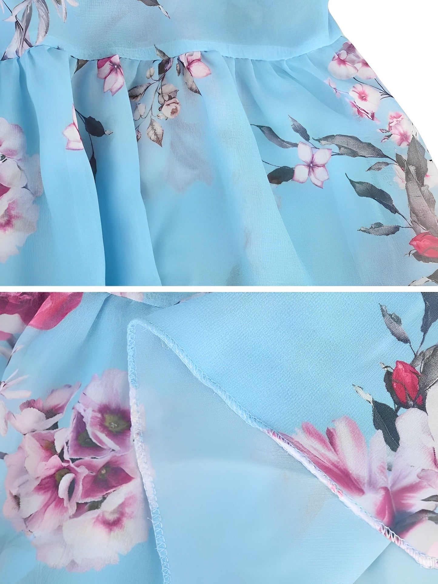 Light Blue - Woman wearing a floral print cold-shoulder tiered dress with a ruffle overlay neckline.