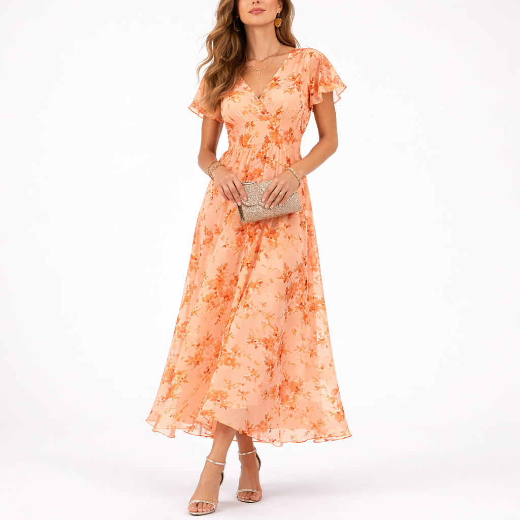 Orange - Woman wearing a floral print V-neck midaxi dress with short flutter sleeves and a flowing A-line skirt, styled with a clutch and heels.
