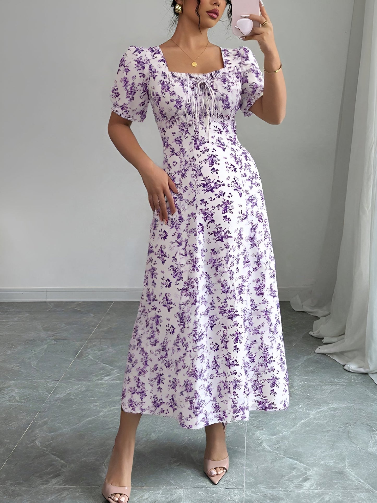 Light Purple - Woman wearing a floral print midaxi dress with puff sleeves, a square neckline, and a ruched bust detail.