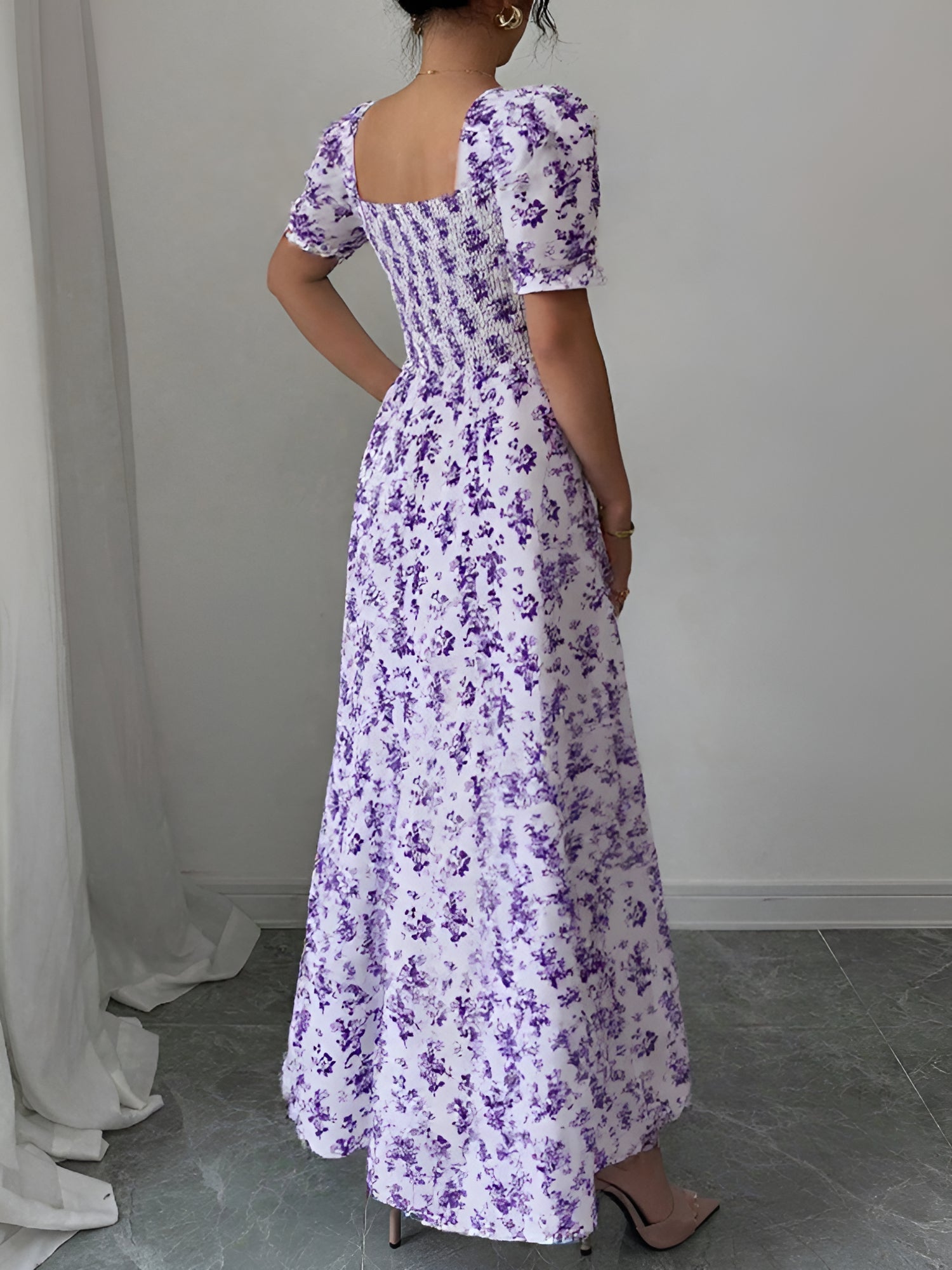 Light Purple - Woman wearing a floral print midaxi dress with puff sleeves, a square neckline, and a ruched bust detail.
